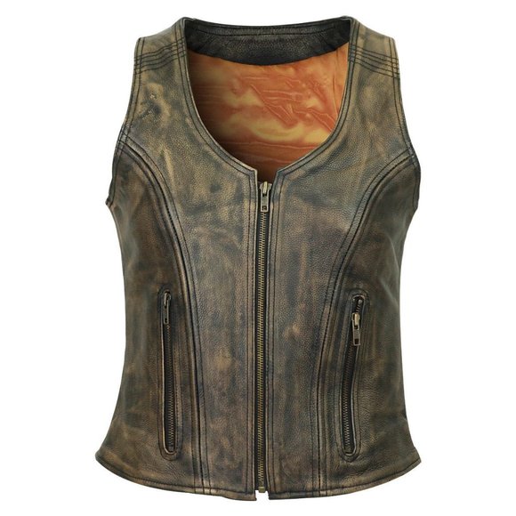 Women's Distressed Brown Three Zipper ''High Mileage'' Cowhide Leather Vest - Picture 1 of 4